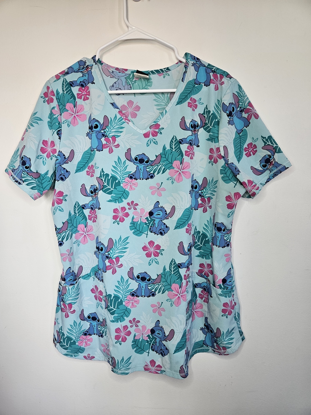 Disney Lilo & Stitch Tropical V-Neck Scrub Top Medical Uniform Pockets Blue L